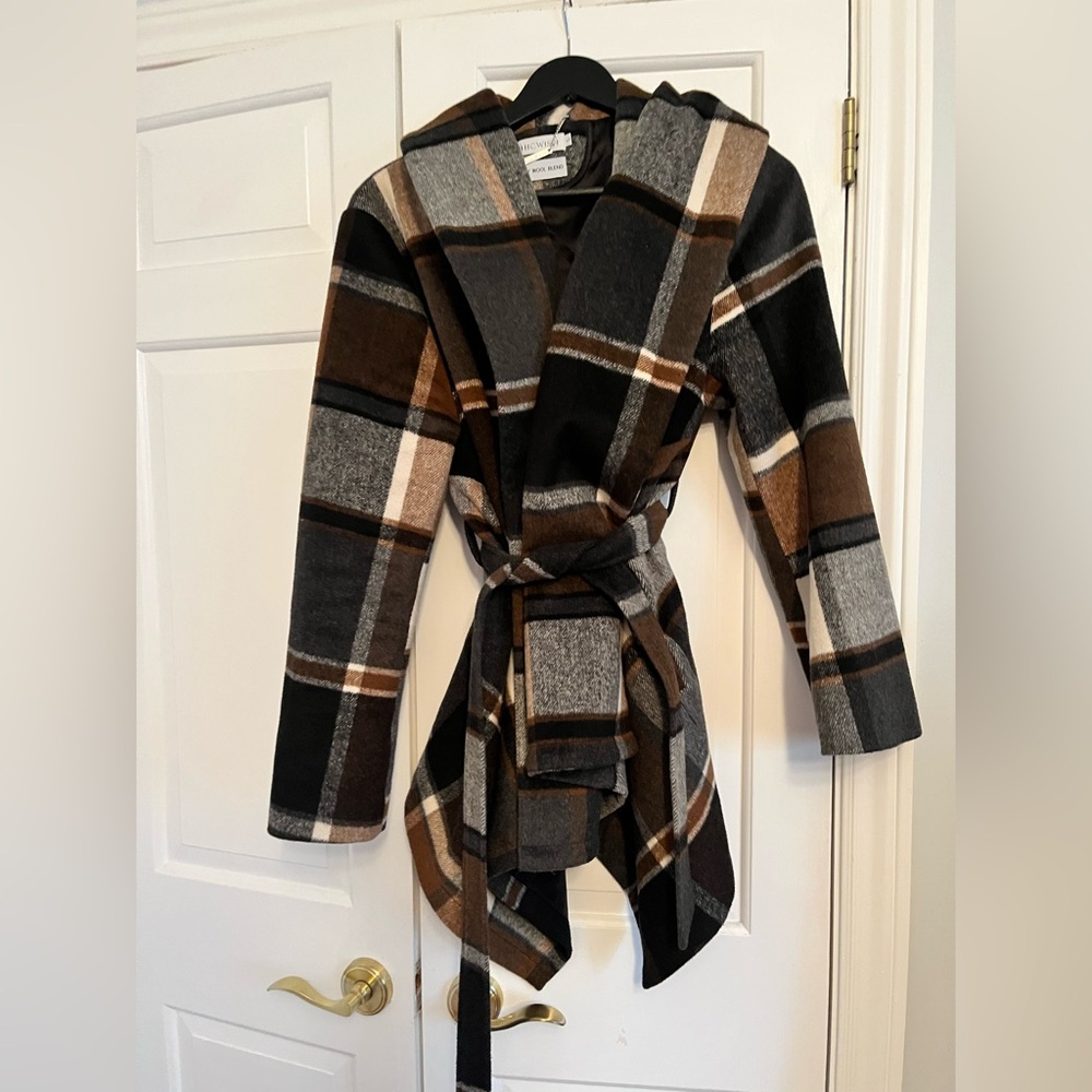 Plaid Hooded Belted Jacket - Black, Brown, Gray